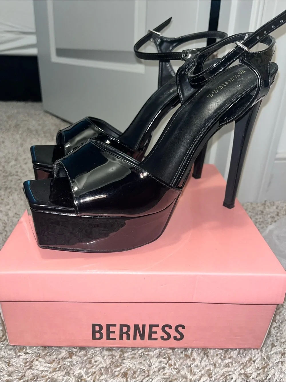Berne’s Genevieve Black Patent Platform High Heel Sandals
